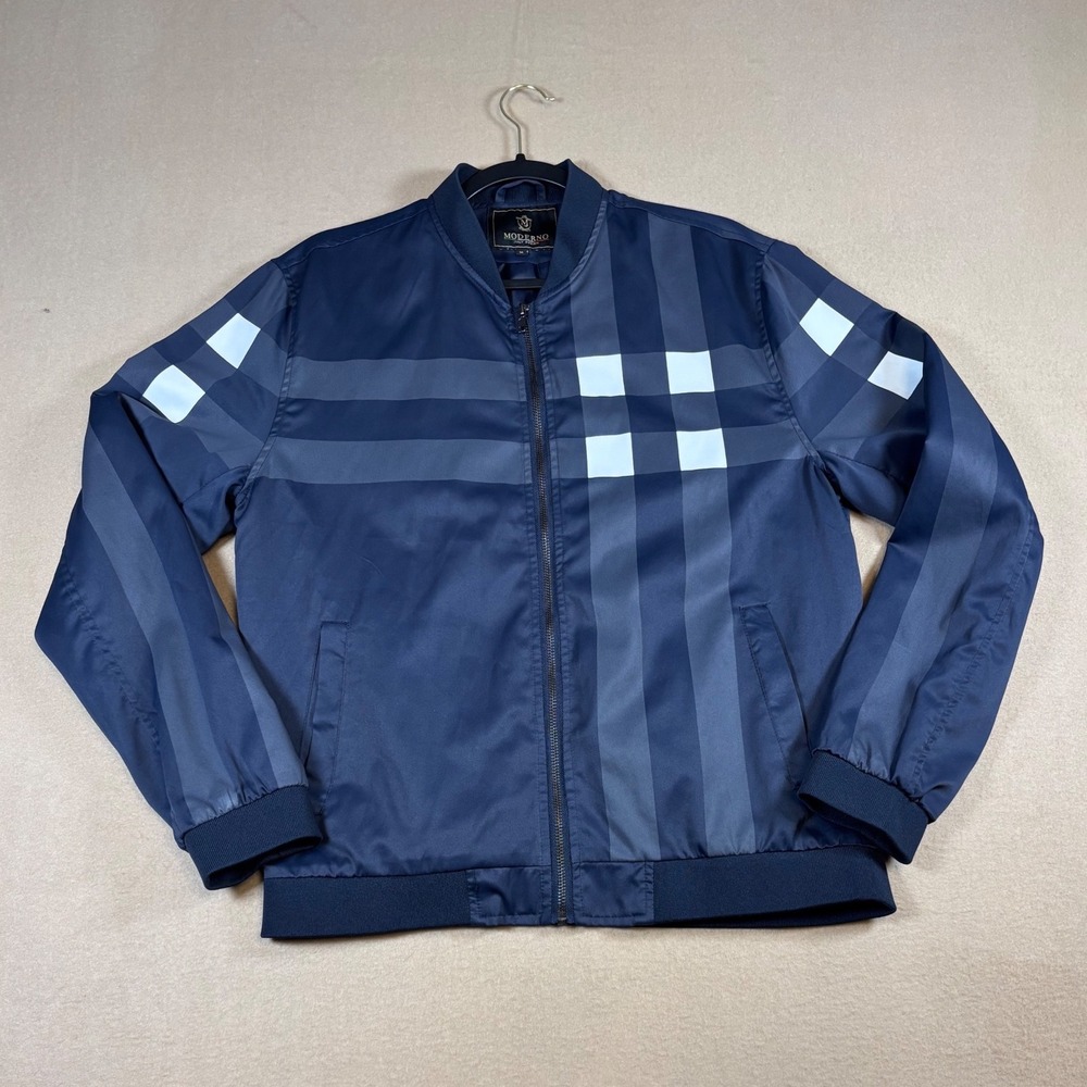 Moderno Italy Design Mens Navy Blue Plaid Stripe Full Zip Bomber Jacket Size M